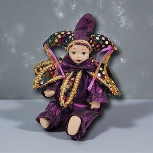 Vintage Mardi Gras Jester Doll 7" Porcelain Posable Purple Gold Harlequin NOLA